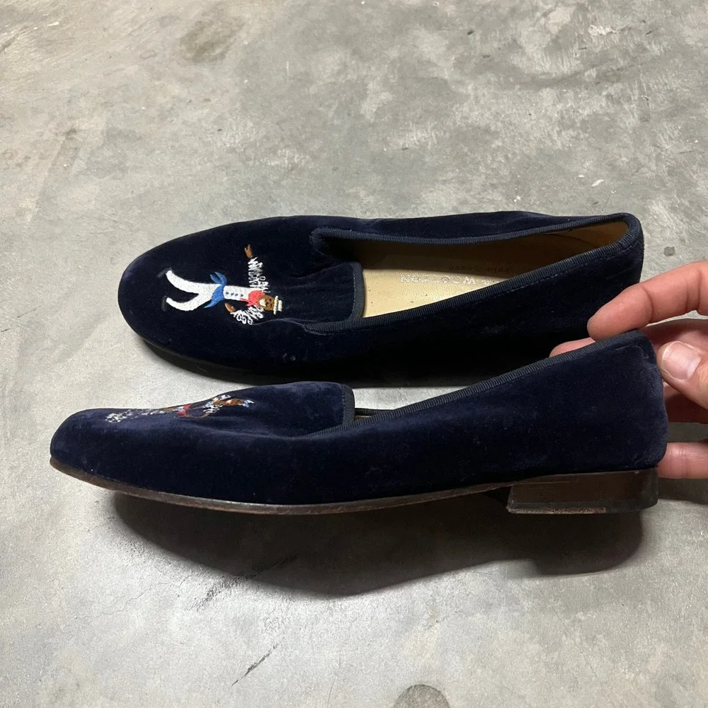 Stubbs & Wootton Navy Embroidered Dancer Couple Slippers Loafers Size 9 Spain